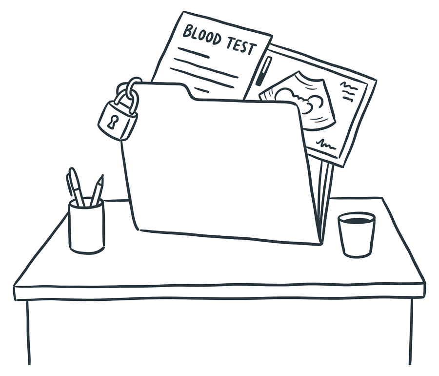 A folder of papers with a small padlock, a blood test form and a scan peeking out.