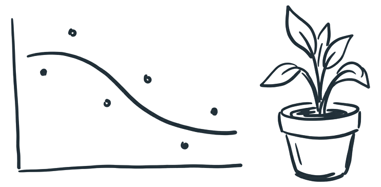 A hand-drawn chart with dots scattered around a gentle downward curve, beside a potted plant.