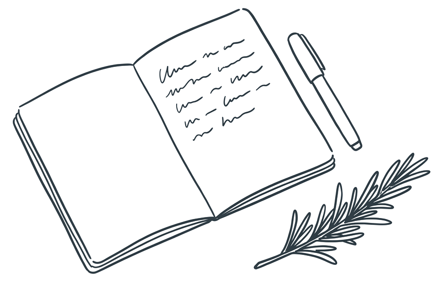 An open notebook with handwritten lines, a pen and a sprig of rosemary.