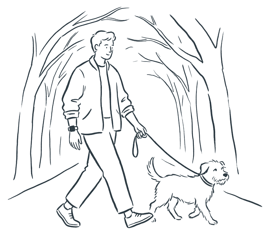 A person walking a dog along a quiet tree-lined path in the morning.